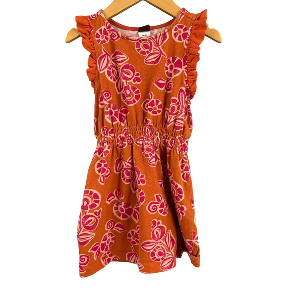 Tea Collection Other - Tea Collection Dress Size 3 Orange Pink Floral Ruffle Sleeve 100% Cotton